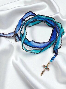 Christian Cross Blue Gemstone Bohemian Multi-Wrap Silk Wrap Ribbon Bracelet